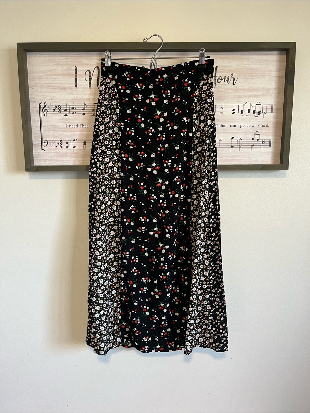 Black Floral Maxi Skirt with Red & White Blooms